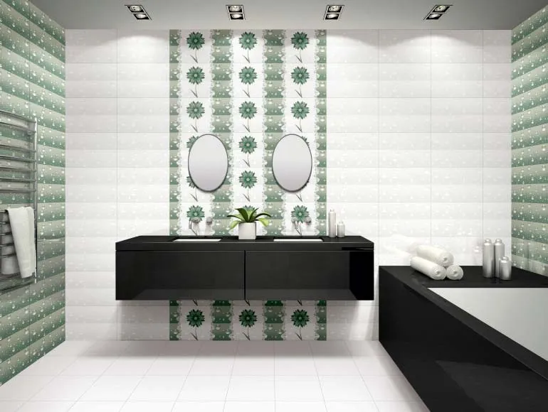 Double washbasin design with green floral tiles